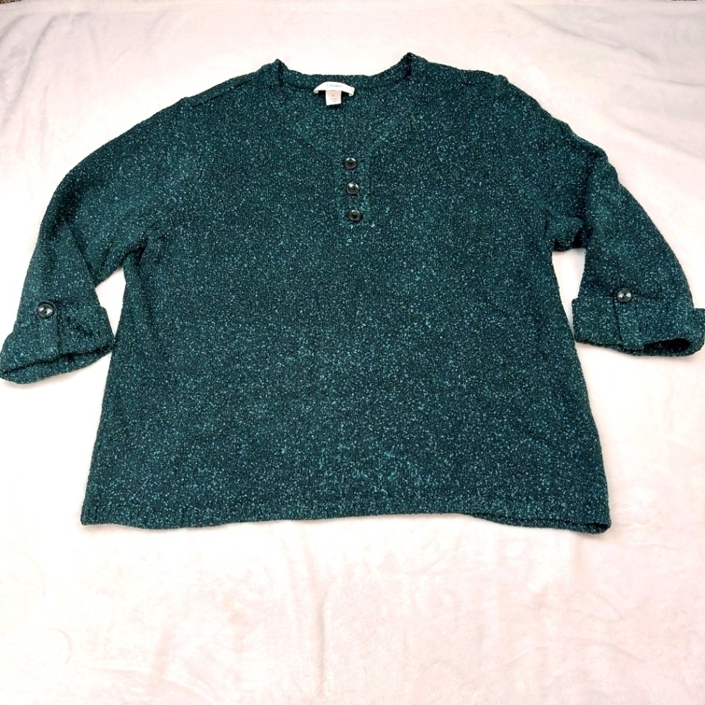CJ BANKS WOMEN'S DARK TEAL 3/4 SLEEVE HENLEY COLLAR SWEATER SIZE 2X